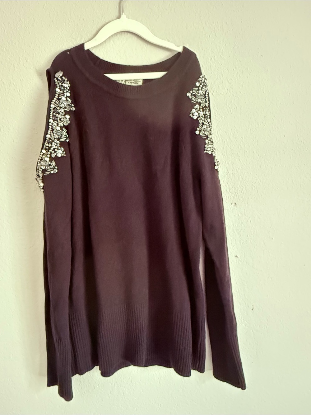 Neman Marcus 100% cashmere cold shoulder Crystal Embellished Sweater
